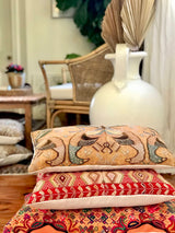 Guatemalan embroidered huipil pillow. Exotic yellow peacock birds in a maximalist bohemian design