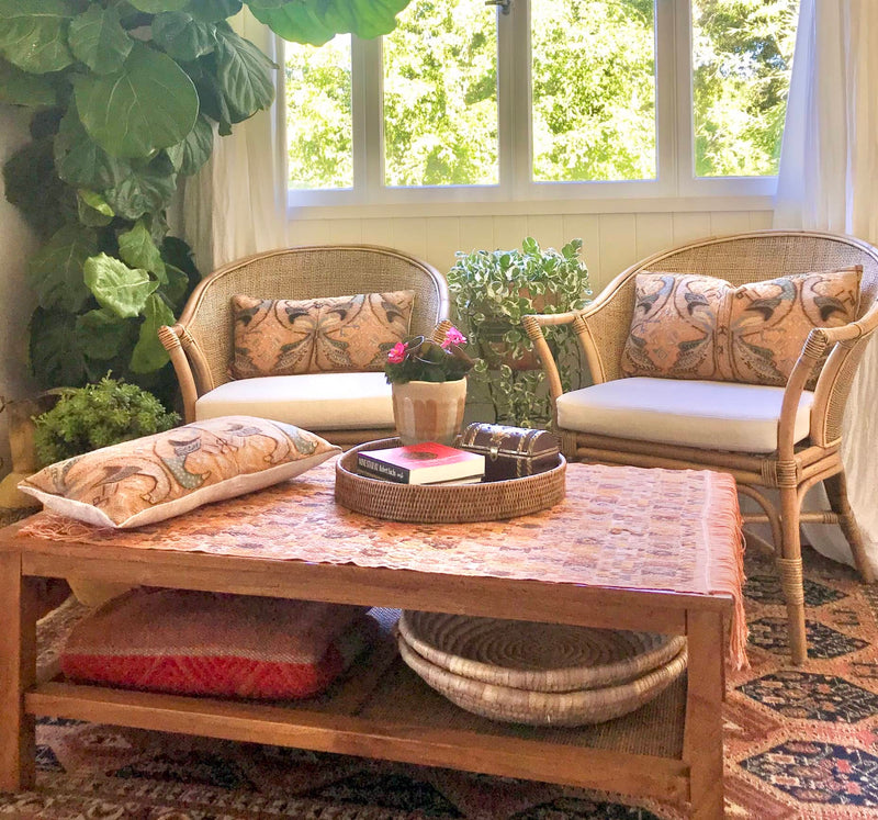 Guatemalan embroidered huipil pillow. Exotic yellow peacock birds in a maximalist bohemian design