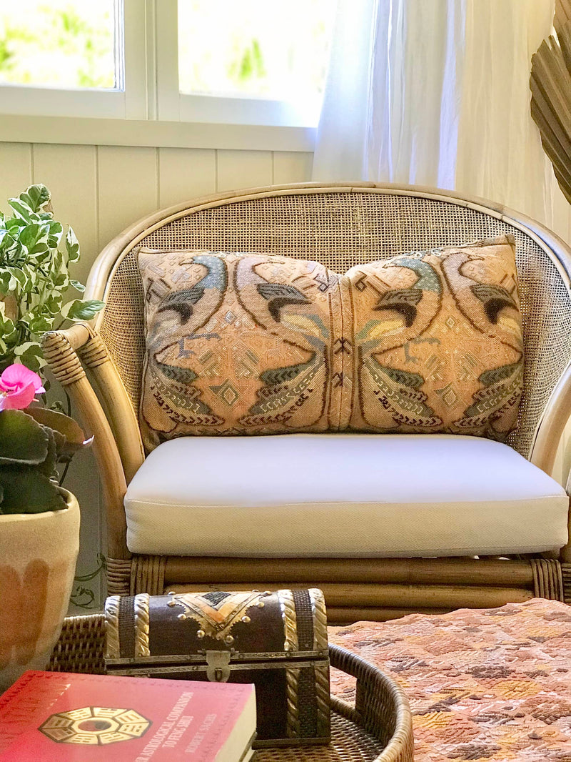 Guatemalan embroidered huipil pillow. Exotic yellow peacock birds in a maximalist bohemian design