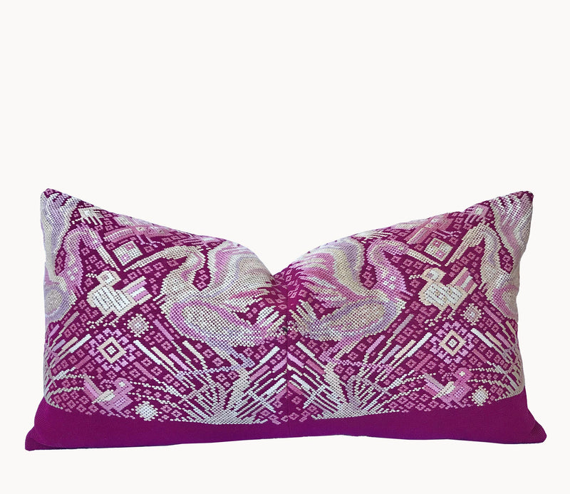 Guatemalan huipil pillow. A fuchsia vintage textile with a chinoiserie style bird design.