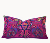 Guatemalan embroidered huipil pillow. A fuchsia vintage textile with colourful kissing Toucans bird design.