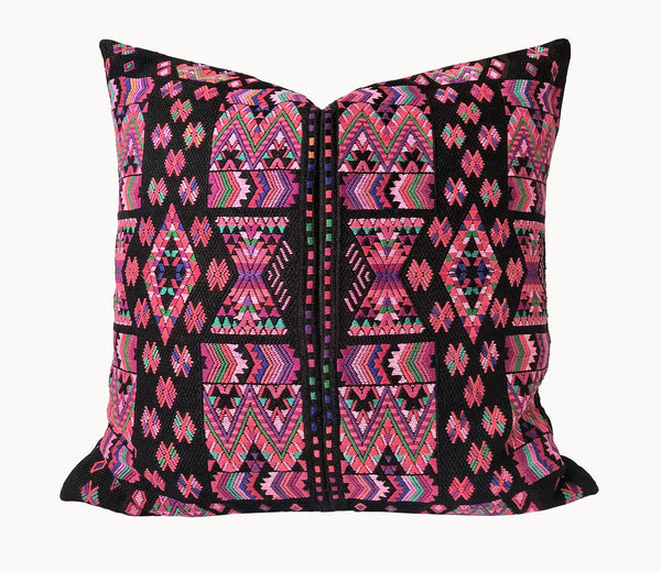 Guatemalan embroidered huipil pillow. Colourful abstract tribal symbols on this vintage textile.