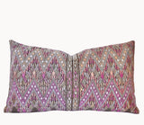 Guatemalan embroidered huipil pillow. Geometric chevron pattern in a pale pink palette.