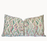 Guatemalan embroidered huipil pillow. Geometric chevron pattern in beige.