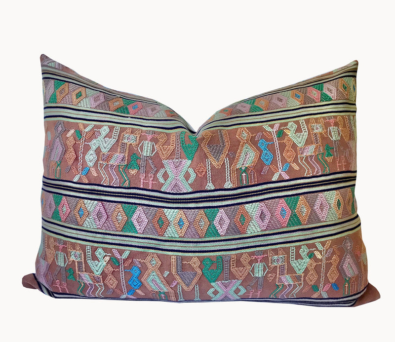 A Pair of Guatemalan Huipil Textile Pillows, vintage, hand embroidered striped tribal hieroglyphic design in aged coral