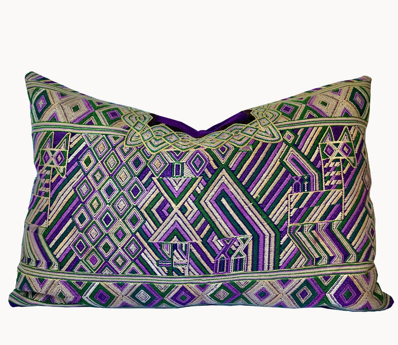 A Pair of Guatemalan Huipil Textile Pillows, vintage, hand embroidered purple and gold Art Deco, Hollywood regency lumbar cushions