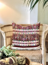 Guatemalan embroidered huipil pillow. Hieroglyphic figures in rows create a strong tribal vibe.