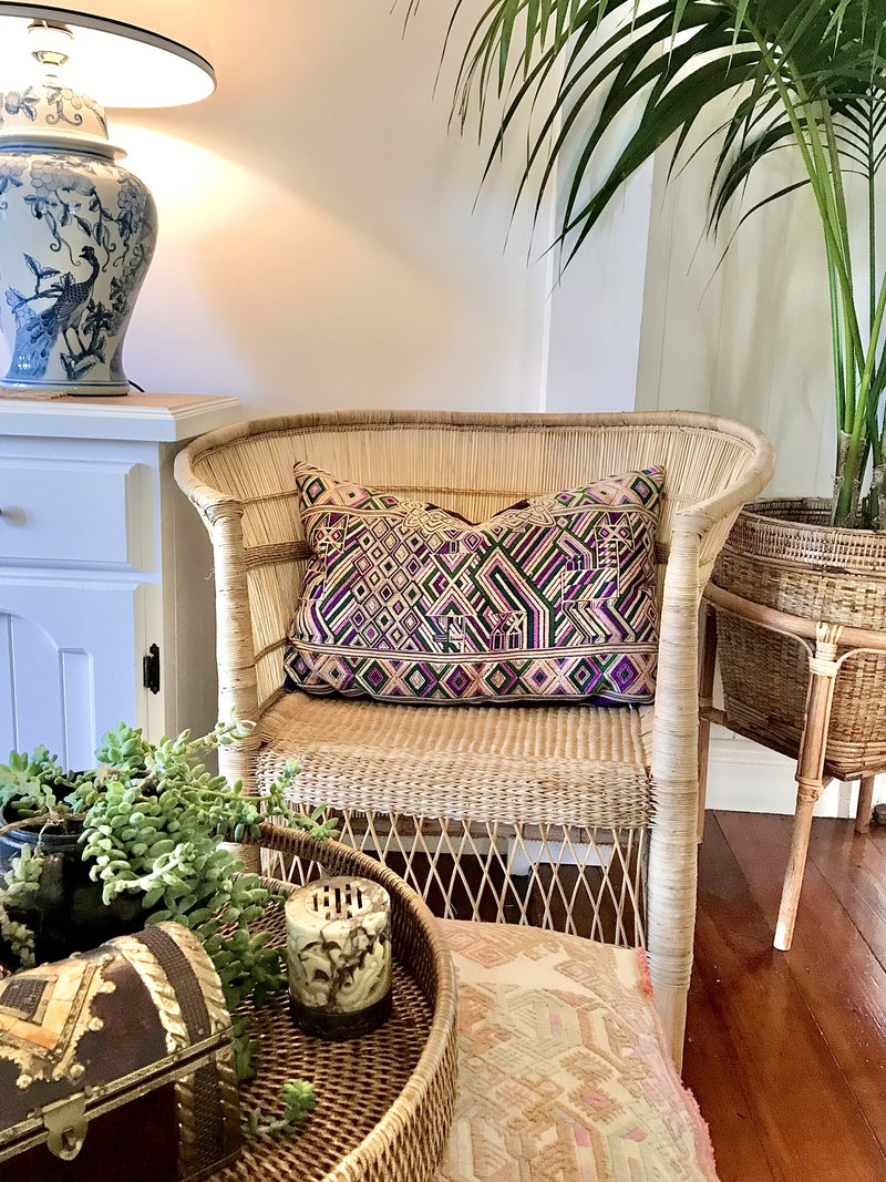A Pair of Guatemalan Huipil Textile Pillows, vintage, hand embroidered purple and gold Art Deco, Hollywood regency lumbar cushions