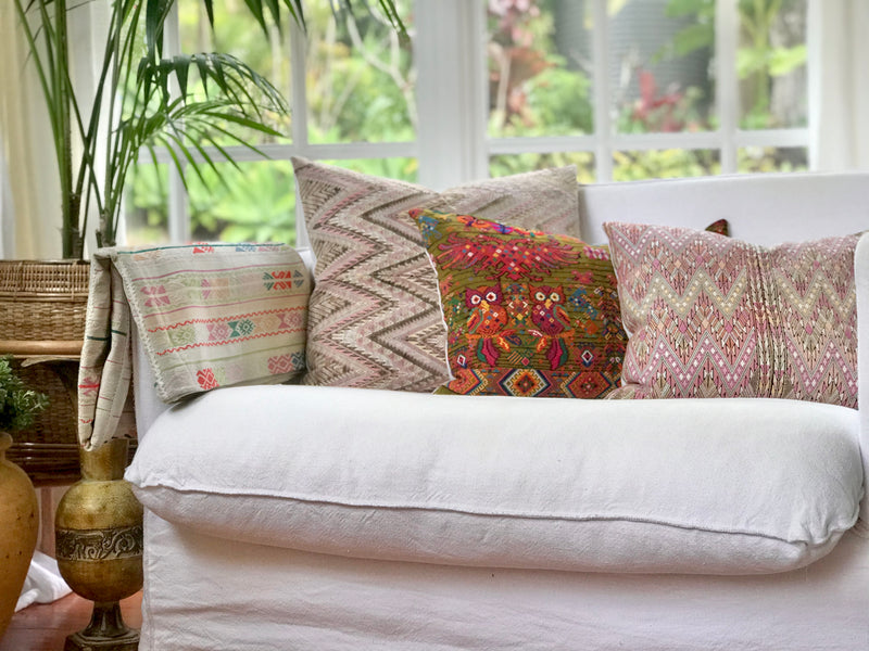Guatemalan embroidered huipil pillow. Maximilist design of startled owls birds for bohemian decor. 