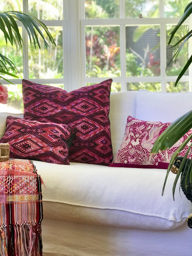 Guatemalan embroidered huipil pillow. Geometric chevron design in bold fuchsia 