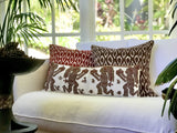Guatemalan Huipil Textile Pillow, vintage, hand embroidered long lumbars of brown Mayan Shamans in ceremony 