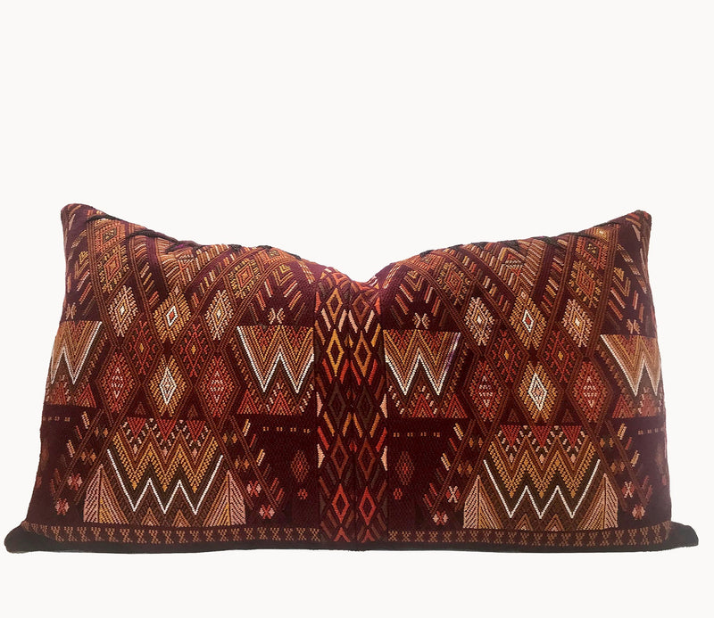 Guatemalan embroidered huipil pillow. Geometric and chevron design in warm browns