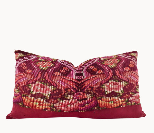 Guatemalan embroidered huipil pillow. Maximilist design of flowers and peacocks in rich burgundy.