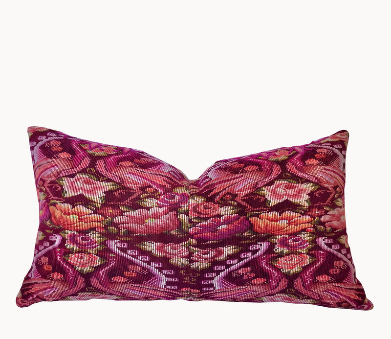 Guatemalan embroidered huipil pillow. Maximilist design of flowers and peacocks in rich burgundy red.