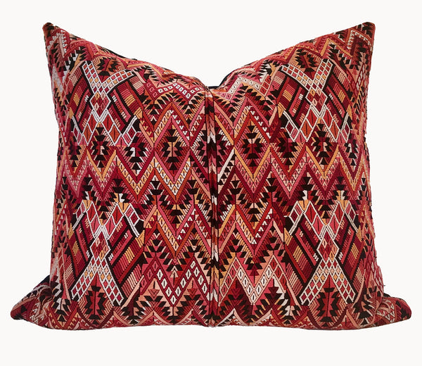 Guatemalan Huipil Textile Pillow, vintage, hand embroidered orange Chichicastenango huipil with a chevron pattern