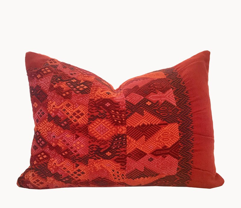 Guatemalan Huipil Textile Pillow, vintage, hand embroidered warm red Coban huipil with stylised peacocks and deer