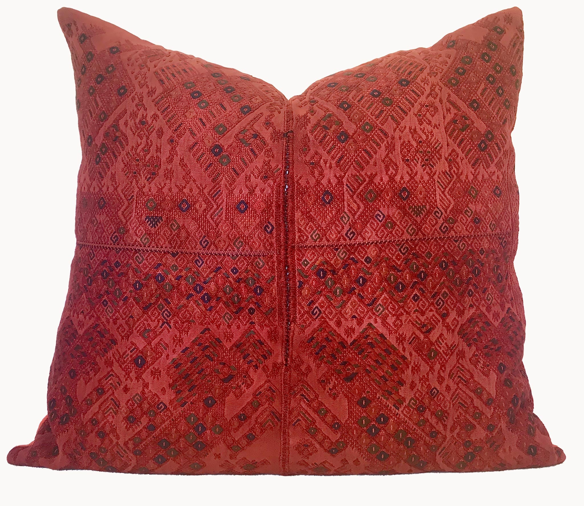 Guatemalan Huipil Textile Pillow, vintage, hand embroidered orange Nahuala huipil with stylised dancing horses