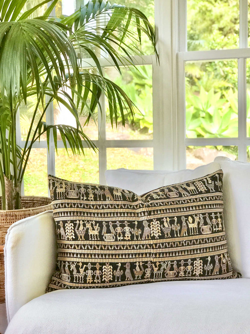 Vintage textile pillows made from a Guatemalan huipil and corte