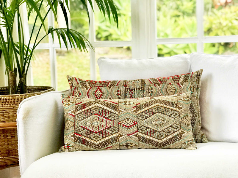 Vintage textile pillows made from a Guatemalan huipil and corte