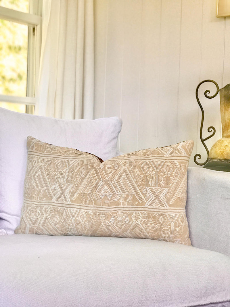 Vintage textile pillows made from a Guatemalan huipil and corte
