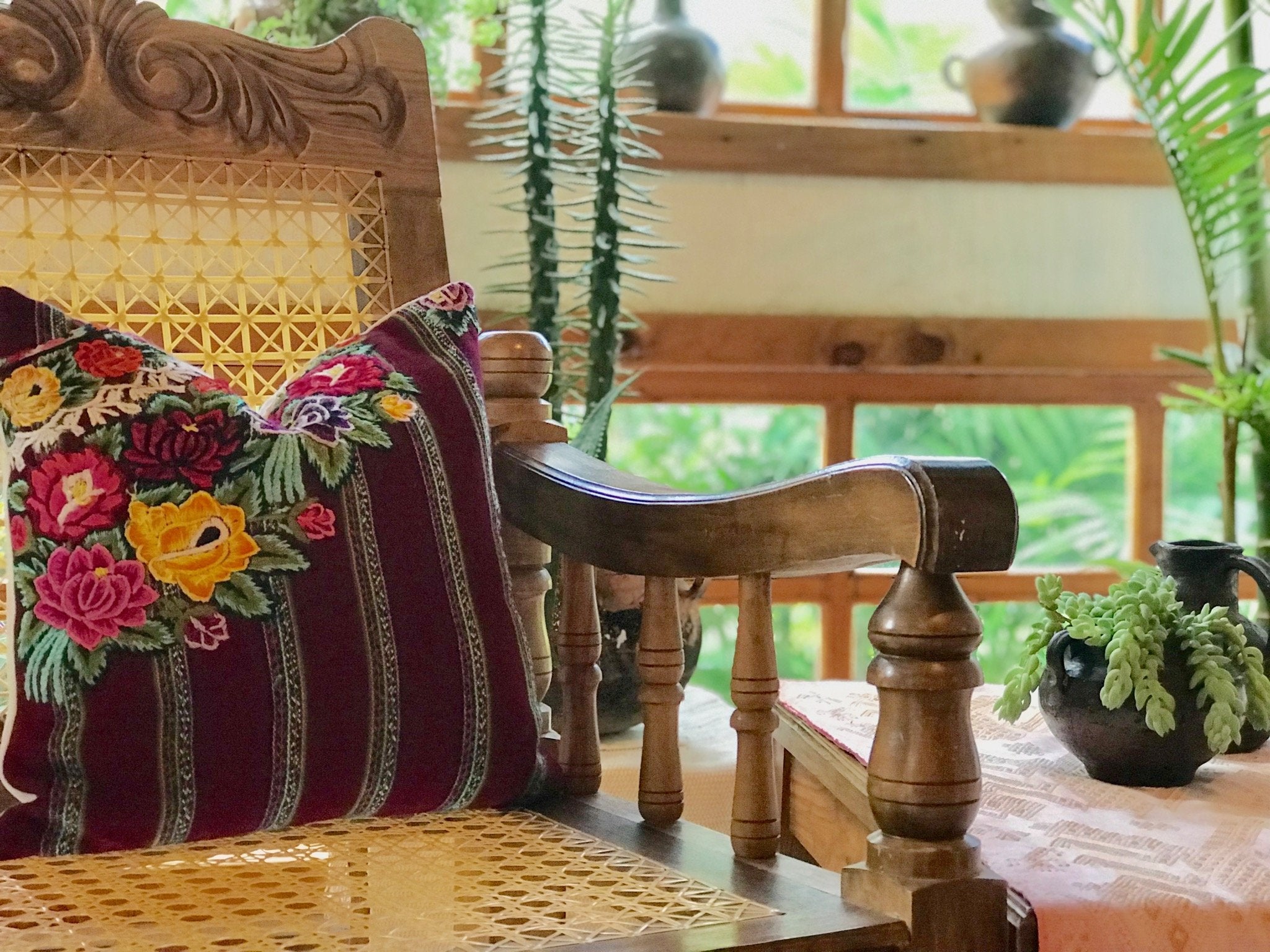 Guatemalan Huipil Pillow, vintage, hand woven burgundy floral and striped throw cushion from Patzun