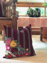 Guatemalan Huipil Pillow, vintage, hand woven burgundy floral and striped throw cushion from Patzun