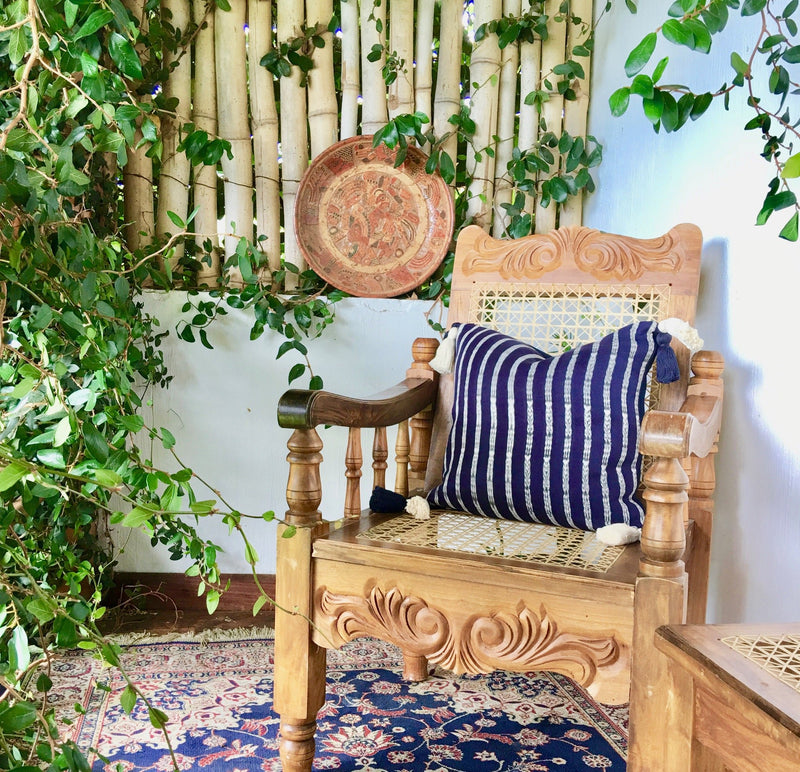 Guatemalan Corte Pillow, vintage, hand woven navy blue and white striped ikat throw cushion with tassels