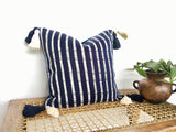 Guatemalan Corte Pillow, vintage, hand woven navy blue and white striped ikat throw cushion with tassels