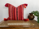 Guatemalan Textile Pillow, vintage, hand woven pink and coral striped ikat throw cushion with tassels