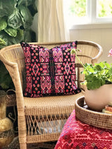 Guatemalan embroidered huipil pillow. Colourful abstract tribal symbols on this vintage textile.