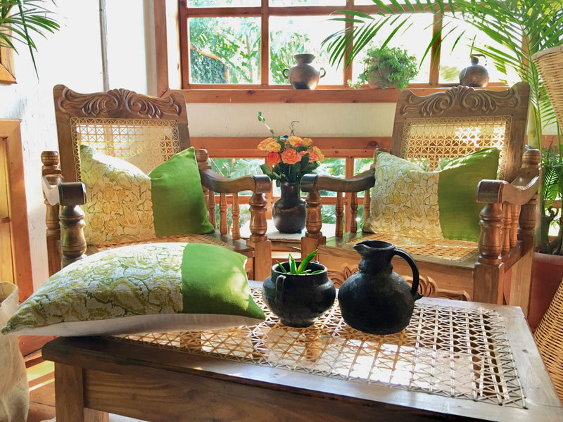 Guatemalan Huipil Pillow, vintage, hand woven green and yellow floral lumbar cushion from Chichicastenango