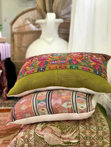 Guatemalan embroidered huipil pillow. Startled owls in a whimsical setting on avocado green cotton 