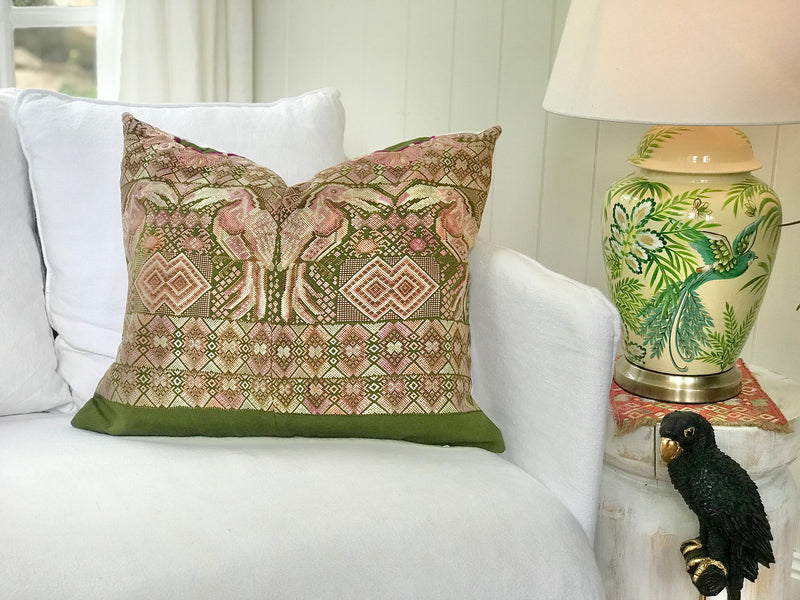 Guatemalan Huipil Textile Pillows, vintage, hand embroidered pair of toucan birds amidst geometric shapes