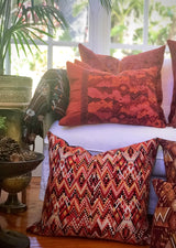 Guatemalan Huipil Textile Pillow, vintage, hand embroidered orange Chichicastenango huipil with a chevron pattern