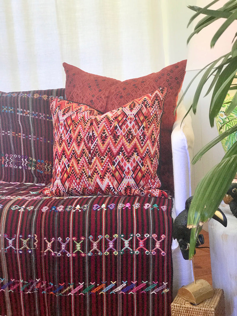Guatemalan Huipil Textile Pillow, vintage, hand embroidered orange Chichicastenango huipil with a chevron pattern