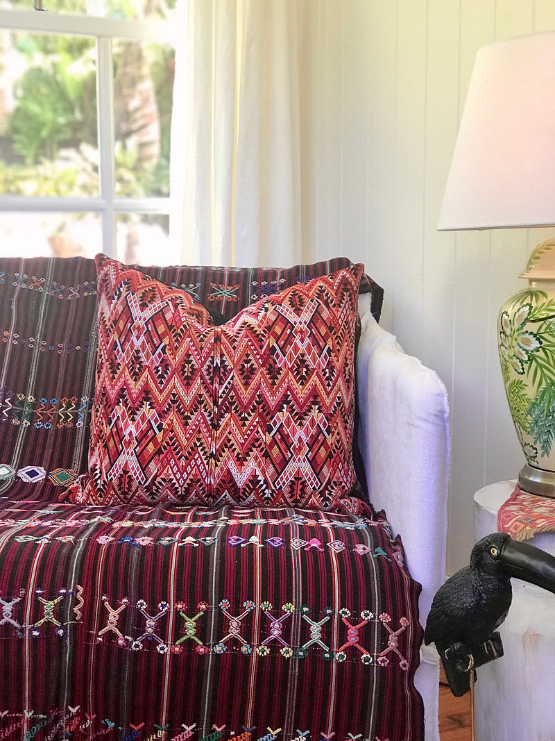 Guatemalan Huipil Textile Pillow, vintage, hand embroidered orange Chichicastenango huipil with a chevron pattern