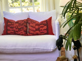 Guatemalan Huipil Textile Pillow, vintage, hand embroidered warm red Coban huipil with stylised peacocks and deer