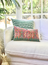 Guatemalan embroidered huipil pillow. Stylised horses on striped pink and green. Perfect for the nursery or a little girls bedroom.