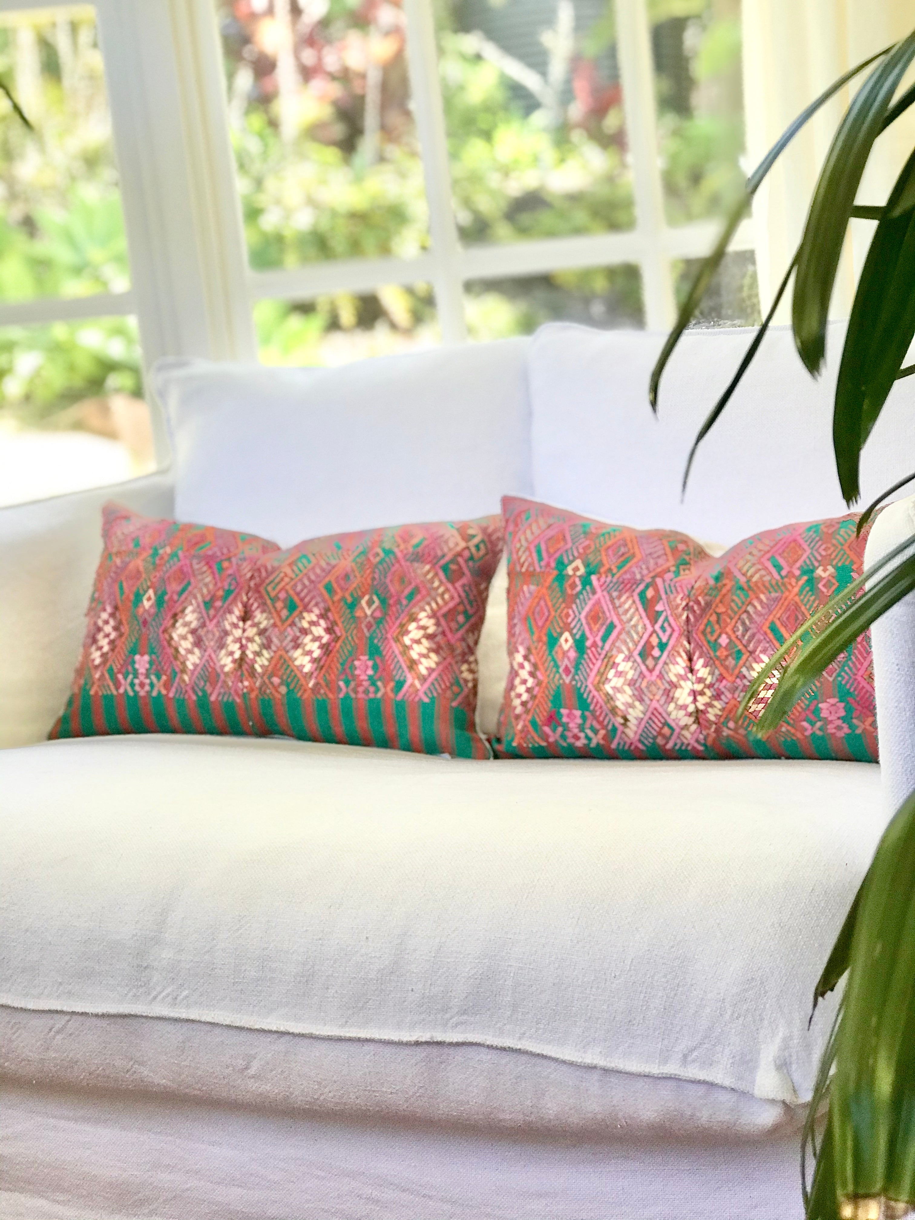 Guatemalan embroidered huipil pillow. Stylised horses on striped pink and green. Perfect for the nursery or a little girls bedroom.