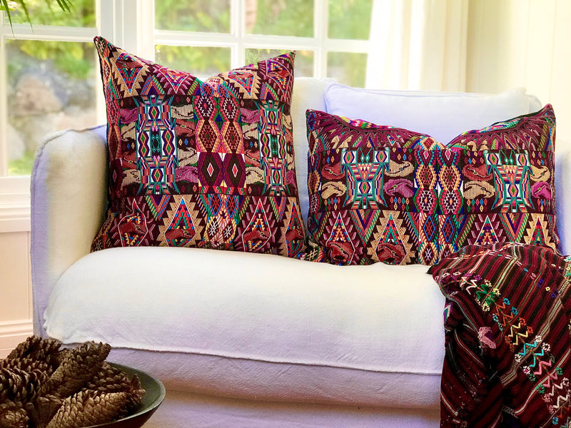 Guatemalan embroidered huipil pillow. Boldly colourful abstract geometric design for bohemian decor