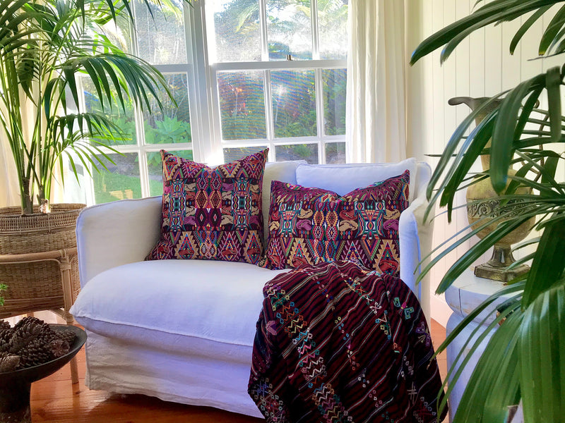 Guatemalan embroidered huipil pillow. Boldly colourful abstract geometric design for bohemian decor