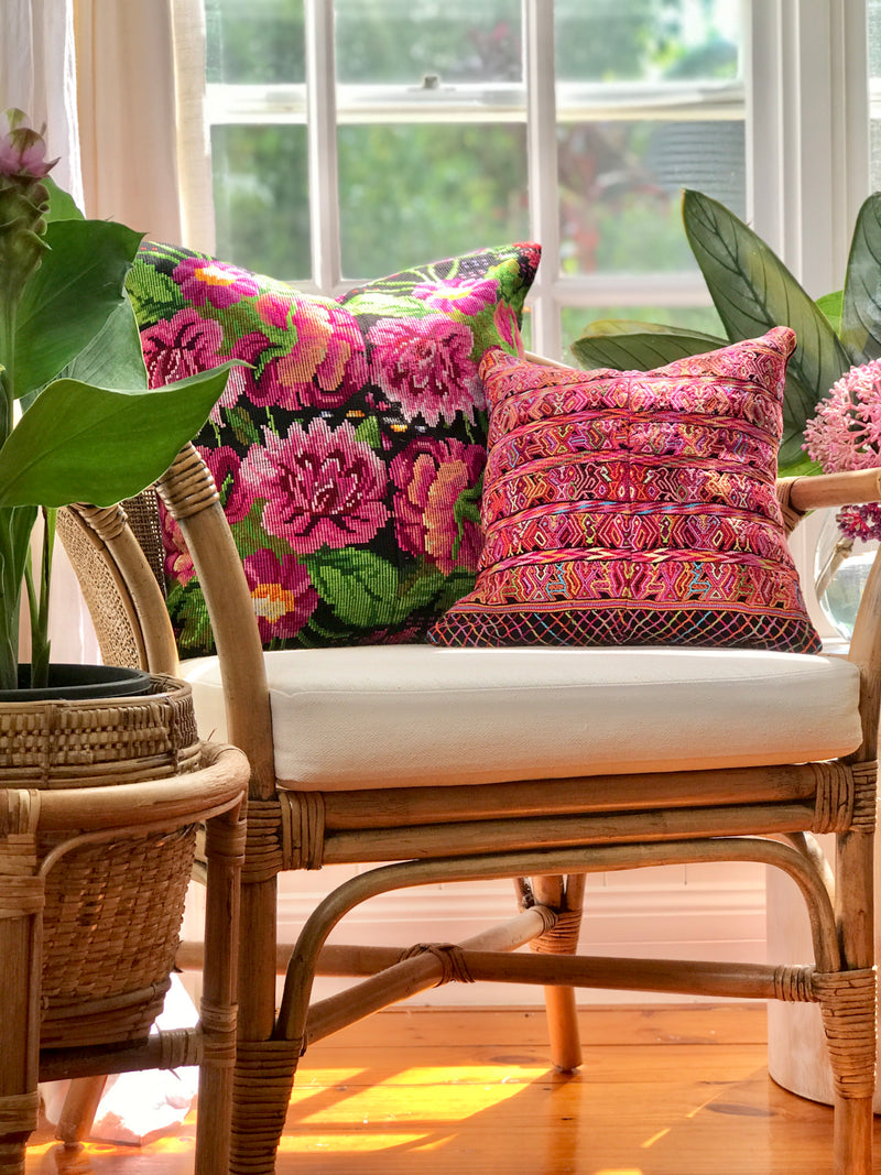Floral pink vintage huipil textile cushion