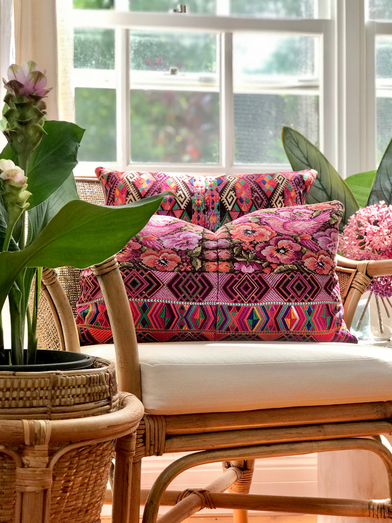 Bright pink vintage huipil textile cushions
