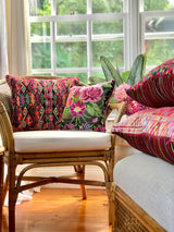 Vintage textile cushion made from a Guatemalan huipil and corte
