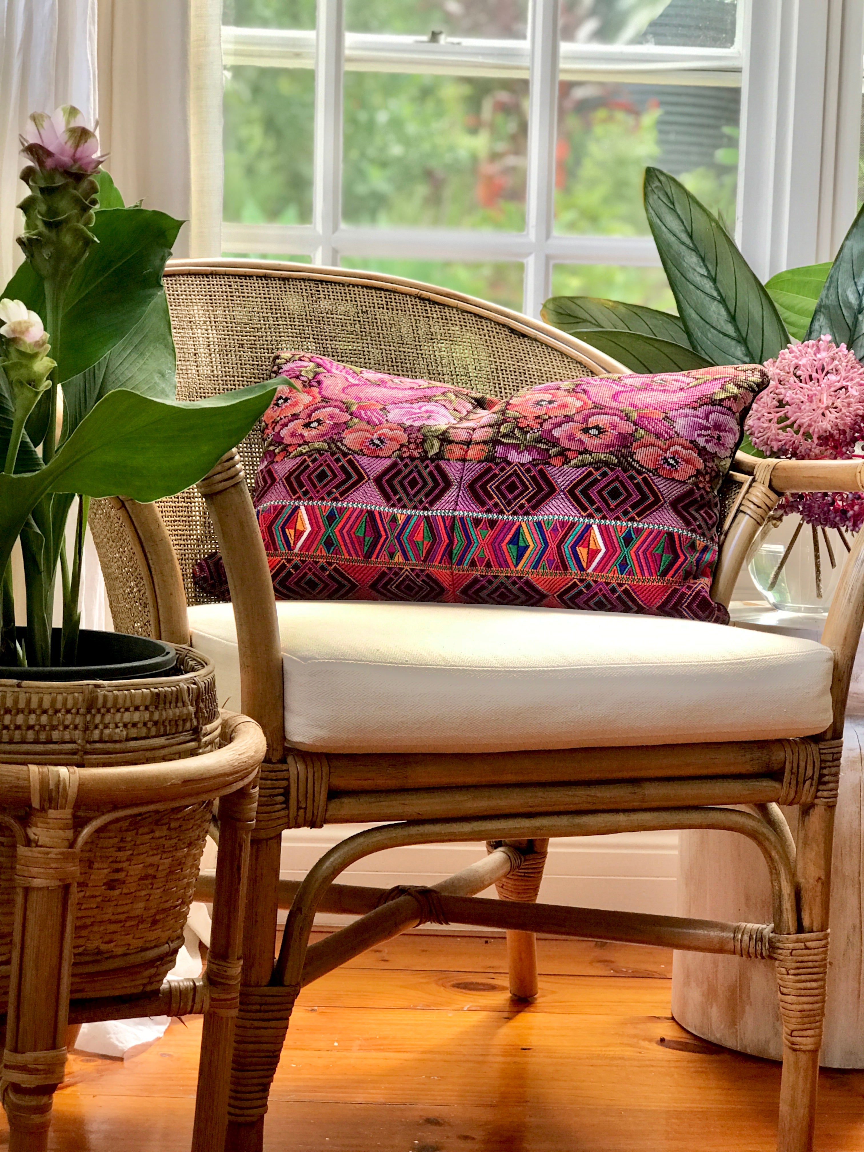 pink floral vintage huipil textile cushion
