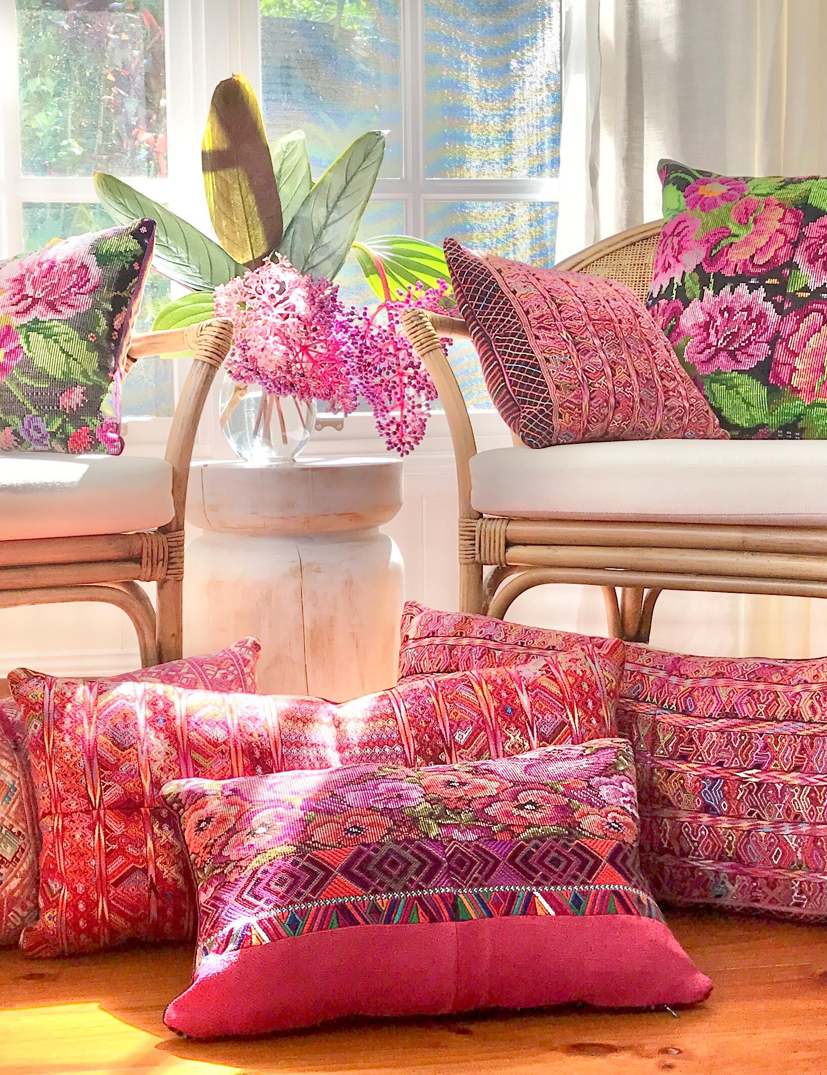 pink vintage huipil textile cushions