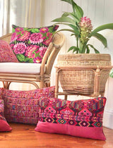 Vintage textile cushion made from a Guatemalan huipil and corte