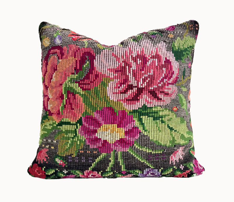 Vintage textile cushion made from a Guatemalan huipil and corte