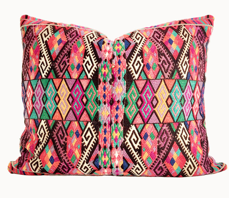 Bright pink vintage huipil textile cushion