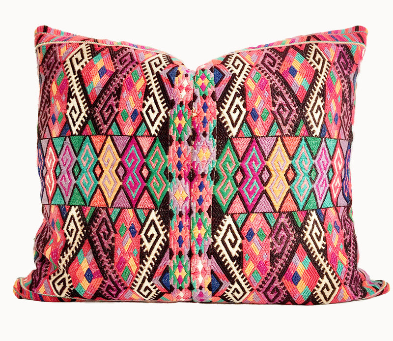Bright pink vintage huipil textile cushion